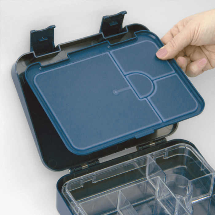 Navy Blue Bento Box showing the removable compartments that are easy to clean