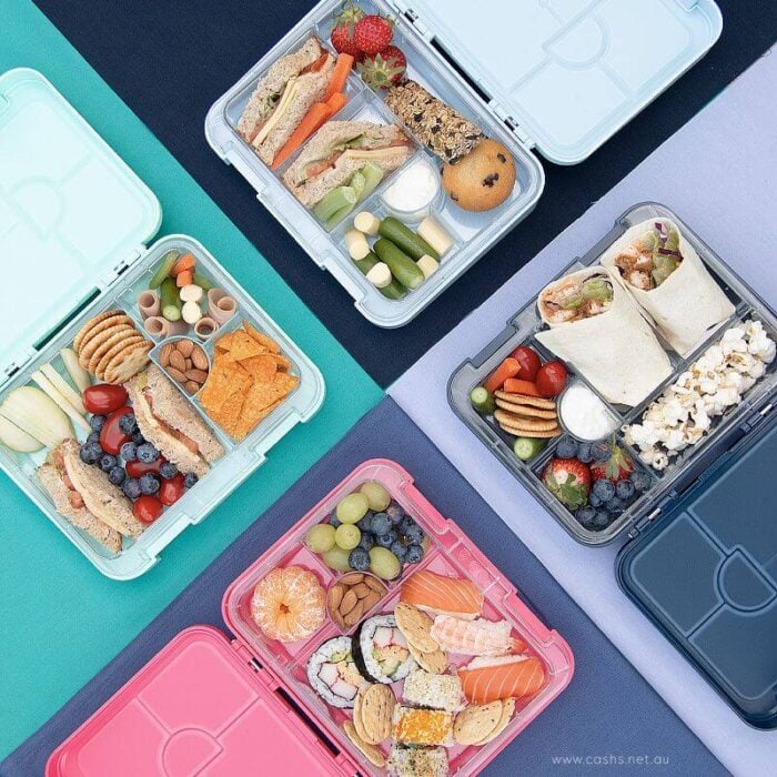 Bento boxes with food in the compartments