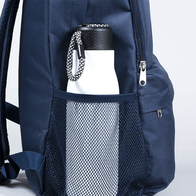 navy blue backpack with white stainless steel water bottle