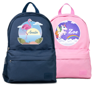 navy blue and Pink backpacks in designer themes