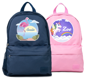 navy blue and Pink backpacks in designer themes