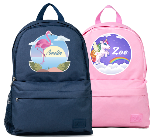 navy blue and Pink backpacks in designer themes