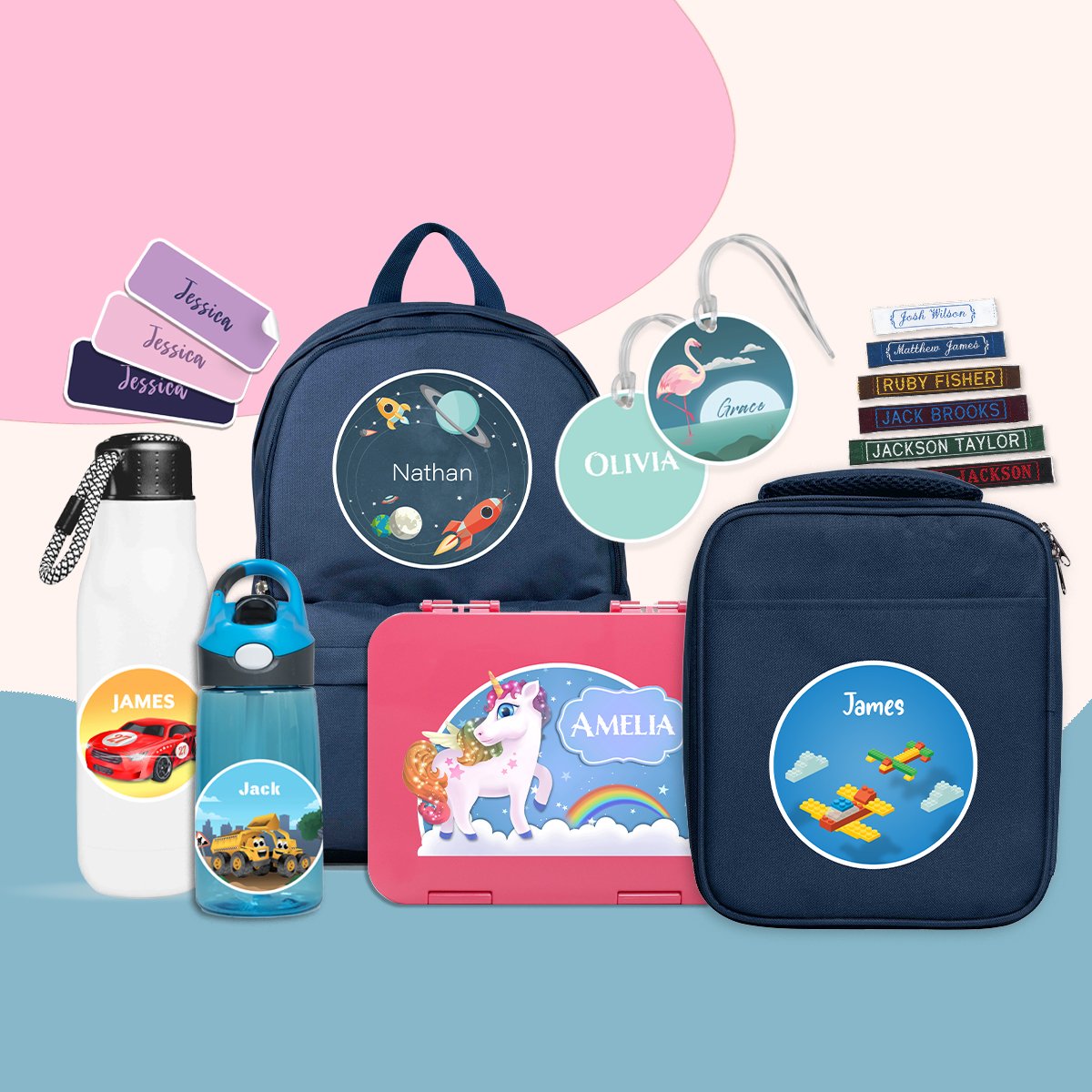 Personalised backpacks, lunch boxes, bag tags, water bottles and name labels from Cash's