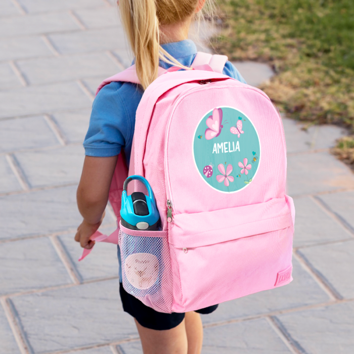 personalised water bottle and backpack