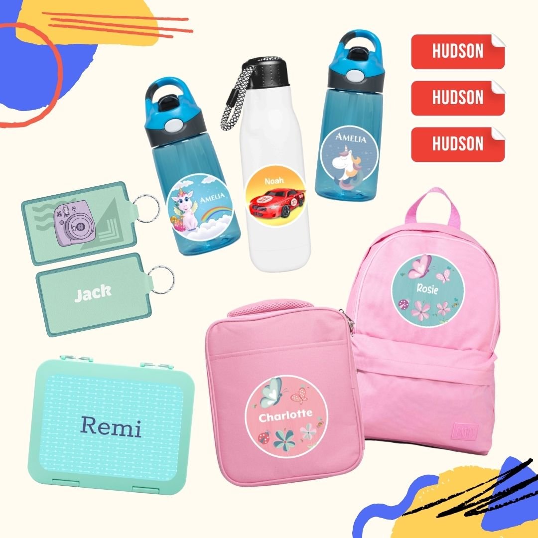 name lables, bento box, lunch bag, water bottle, bag tag & clothing labels